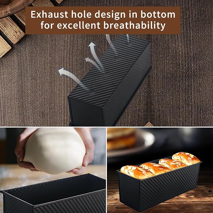 Black Pullman Loaf Pan with Lid, 13x5 Inch Aluminized Steel Pullman Bread Pan with Cover, 2.2LB & 1LB Dough Capacity, 2 Pack Sandwiches Bread Loaf Pan Nonstick, for Sourdough and Toast