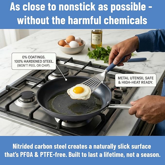 Misen Carbon Nonstick™ Skillet - Ultra-Durable Nitrided Surface - Easy Relase With No Coating to Chip or Peel, PFOA- & Chemical-Free - High-Heat Cooking, Even-Heating, Induction Ready, 8 Inch