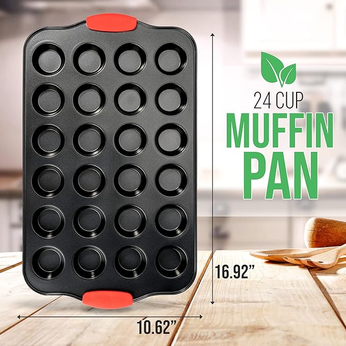 NutriChef 24-Cup Nonstick Mini Muffin Pan with Red Silicone Handles - Carbon Steel Bakeware Tray for Savory & Sweet Treats - Dishwasher Safe, Black