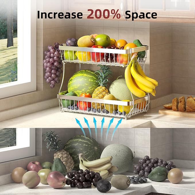 2 Tier Large Fruit Basket for Kitchen Counter with 2 Mobile Banana Hangers, 2026 Pro Detachable Metal Fruit Bowl with Wooden Handle (Silver, 2 Tier Extra Large)