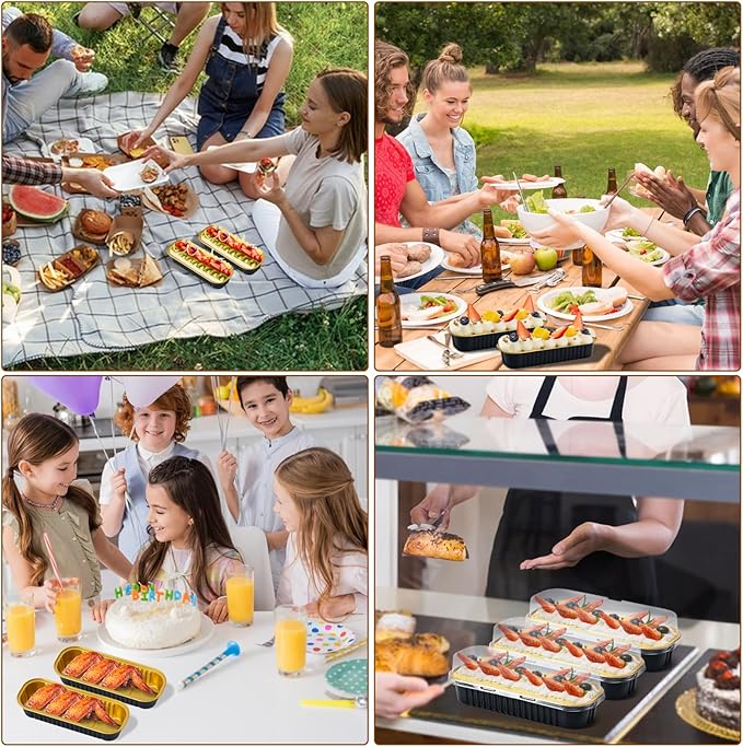 25 Pack Mini Cake Pans with Lids and Spoons, Small Aluminum Foil Loaf Pans, Rectangular Baking Containers for Party and Picnics, 6.8oz (Black/Gold)