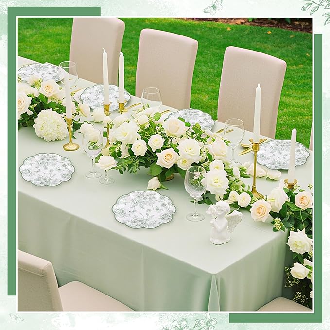 30Pcs Sage Green Floral Paper Plates, 7 Inch Spring Plates Vintage Chinoiserie Flower Plate Scalloped Cute Easter Plate for Garden Party Tea Party Birthday Baby Bridal Shower