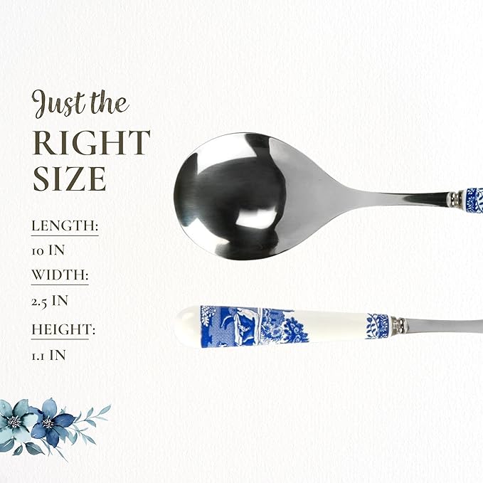 Spode Blue Italian Collection Salad Servers | 2 Piece Spoon and Fork Set | 10 Inch | Blue and White | Made of Porcelain and Stainless Steel | Italian Countryside Design