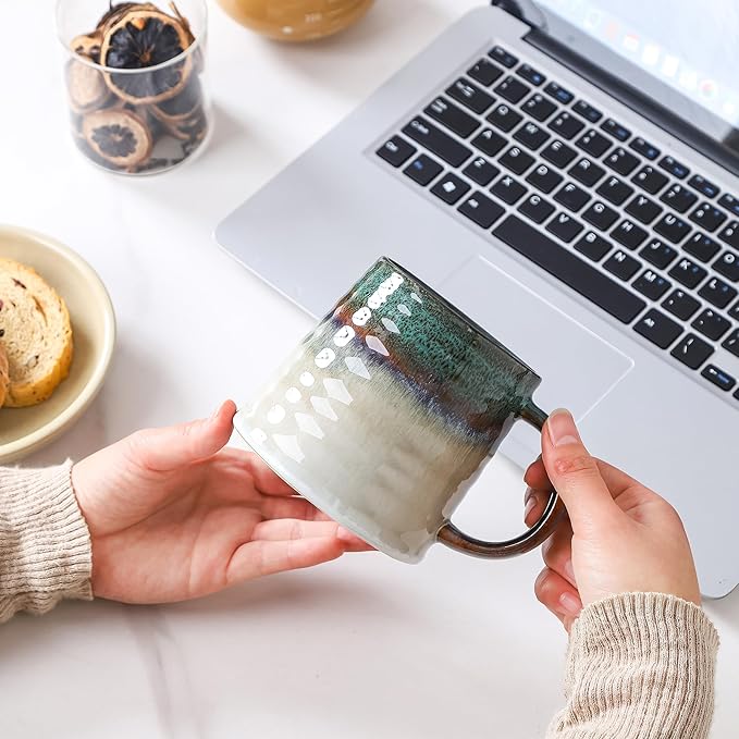 Large Ceramic Coffee Mug, Handmade Pottery Mugs, Tea Cups with Big Handle for Office and Home, 15.5 oz, Dishwasher and Microwave Safe (Star Blue)