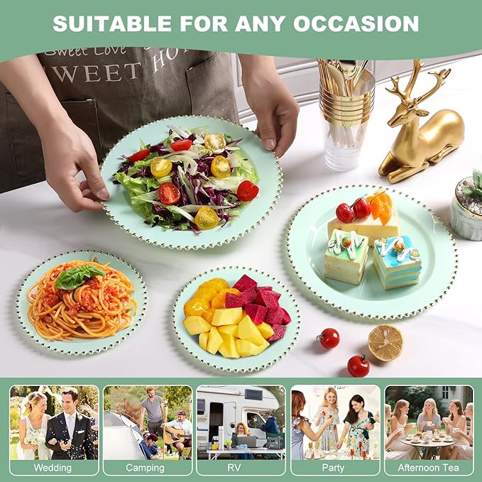 EI 60pcs Green Plastic Plates with Gold Rim,Disposable Heavy Duty Sage Green and Gold 10" Dinner & 7" Dessert Plastic Plate for Birthday,Afternoon Tea,Wedding,Spring,Valentine's Day,Easter