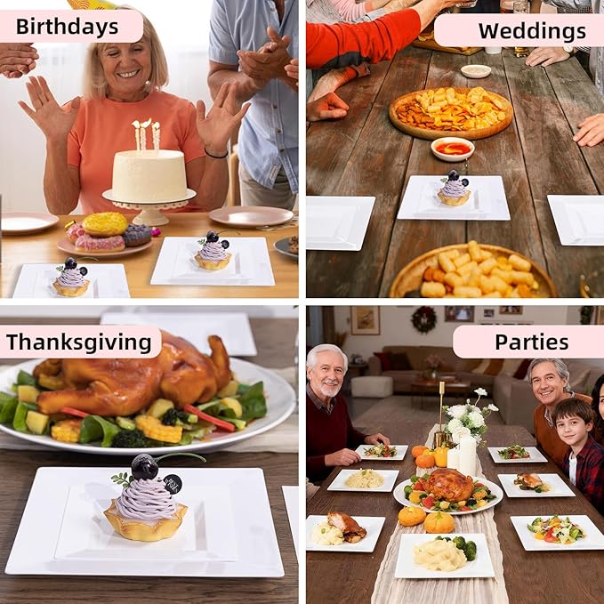 N9R 60PCS White Square Plastic Plates, 30 Dinner & 30 Dessert Plates Heavy Duty, Fancy Disposable Plates for Party, Wedding and other Events