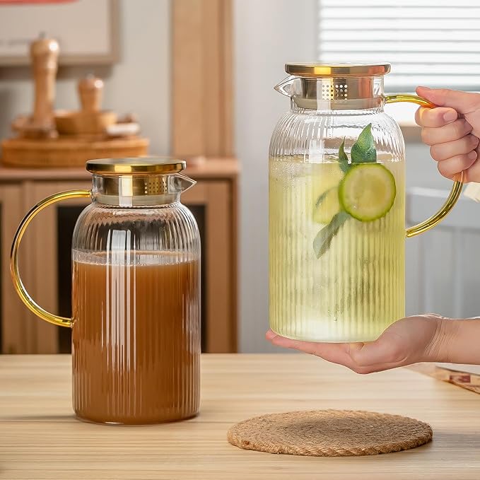 2 PACK Glass Pitcher with Lid, 50 oz/ 1.5 Liter Classic Vertical Stripes Water Pitcher with Yellow Handle,Glass Water Carafe for Cold Brew, Coffee, Lemonade, Iced Sun Tea,Beverage,Heat Resistant