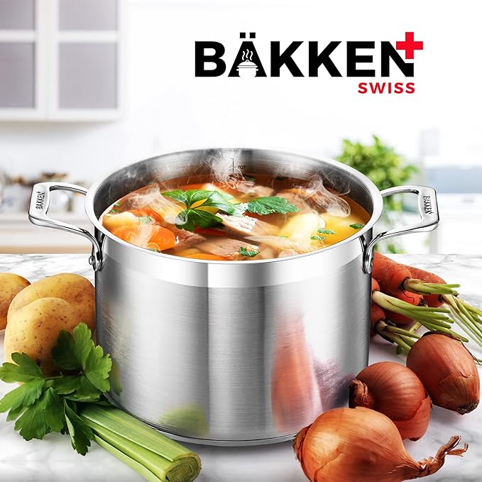 Stainless Steel Stockpot with Lid 5 Quart, Durable 18/8 Stainless Steel, Impact-Bonded Base for Even Heating, Riveted Handles, Oven & All Stove Compatible, Safe Up To 500°F (260°C)