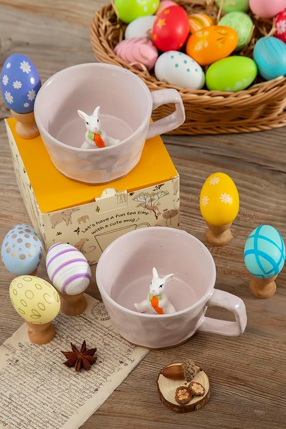 DIHOclub Farmhouse Ceramic Coffee Mug with Rabbit Figurine – Rustic Stoneware Cup, Matte Finish, Ideal for Breakfast & Home Decor (Pink Rabbit)