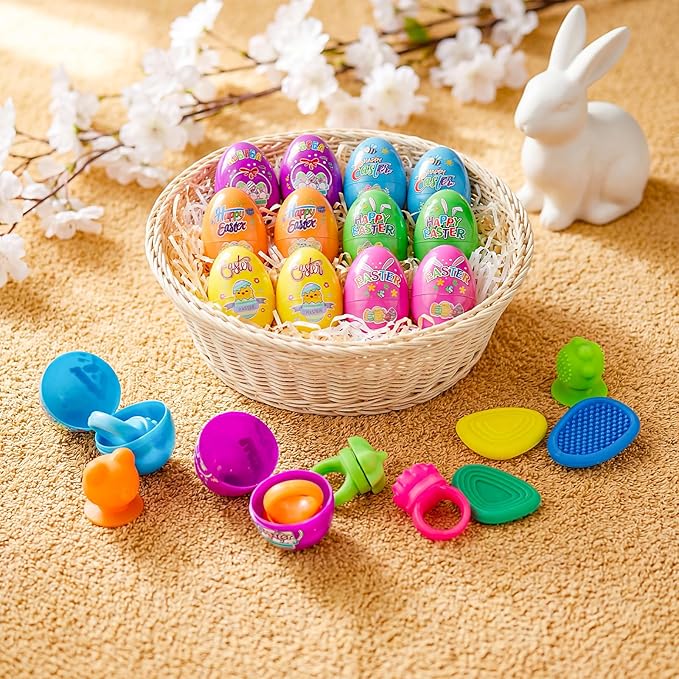 Easter Basket Stuffers, Prefilled Easter Eggs with Quiet Sensory Fidgets, Textured Stone & Suction Toys & Spinner Ring for Kids Calming, Autism Anxiety Tools Classroom Prizes (12 PCS)