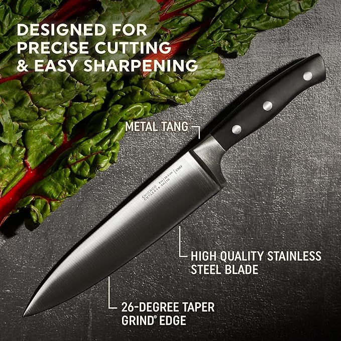 Chicago Cutlery Insignia Triple Rivet Poly (18-PC) Kitchen Knife Block Set With Wooden Block & Built-In Sharpener, Black Ergonomic Handles and Sharp Stainless Steel Professional Chef Knife Set