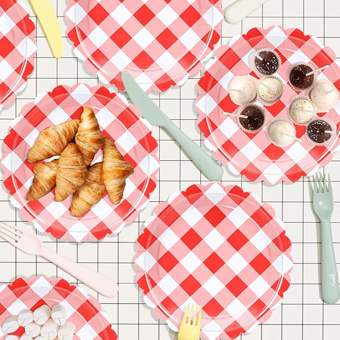 48 Pcs 7" Red Gingham Paper Plates, Red & White Checkered Disposable Party Plates, Plaid Dessert Tableware for BBQ, Picnic, Rustic Wedding, Birthday, Summer Party, Baby Shower Table Supplies