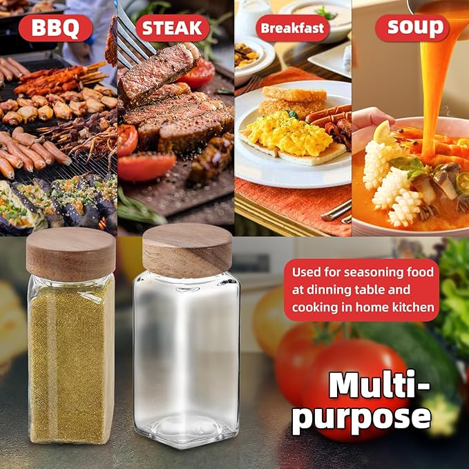 4Pcs 4oz Glass Spice Jars with Shaker Lids, Spice Jars Trial Set & Supplement Set, Empty Spice Containers and Square Spice Bottles for Kitchen (Wooden Lids)