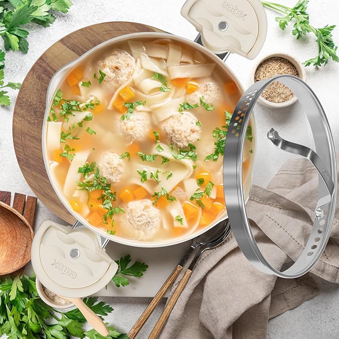 Eatex Pasta Pot with Strainer Lid - 5 Quart Multipurpose Stock Simmer Spaghetti with Strainer - Twist & Lock Handles, Nonstick Ceramic Stainless Steel Tempered Glass Cream