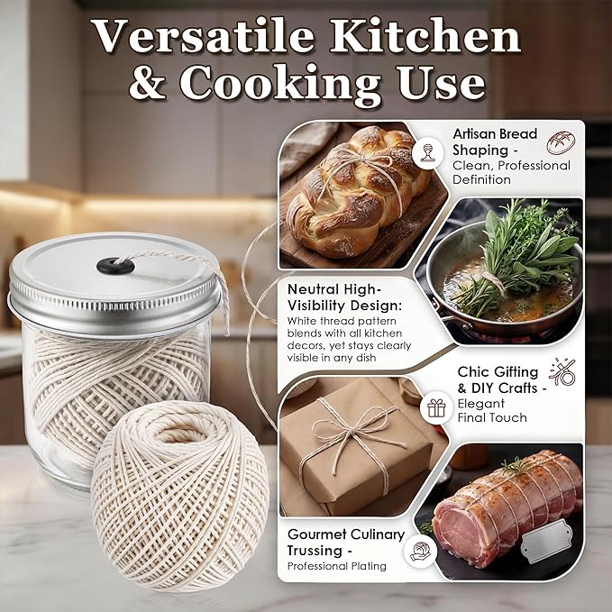 Dreyoo Kitchen Twine with Glass Mason Jar Dispenser, 2 Pack 216FT Cooking Twine, 2MM Natural Cotton Butcher Twines for Meat, Turkey, Roast & Kitchen Use, Center Pull Butcher Twines for Cooking (White)