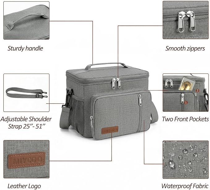 MIYCOO Lunch Box Lunch Bag for Women Men - Insulated LunchBox Leakproof Cooler Tote, Reusable Soft Bag with Shoulder Strap for Work, Picnic, Beach & Travel, 12-Can (9L) -Grey
