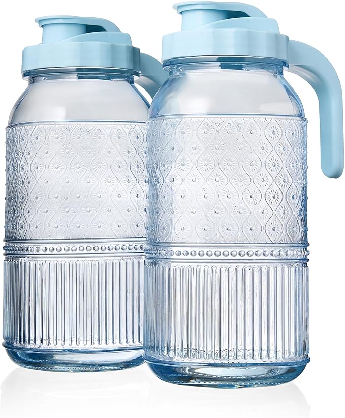 Glass Pitchers Set of 2 – Mason Jar Style Pitcher with Handle & Lid, 64 oz Water Jug for Juice, Iced Tea, Cold Brew, Water, Vintage Claro Collection Kitchen Décor - Blue
