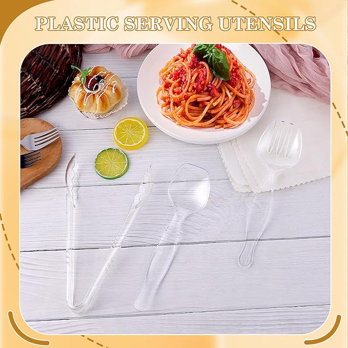 Mwellewm 72Pcs Serving Utensils Large Plastic Serving Utensils Set Serving Spoons for Buffet Clear Disposable Plastic Tongs 8.5'' Heavy Duty Slotted Spoons/Forks Supplies for Party Food Salad Soup
