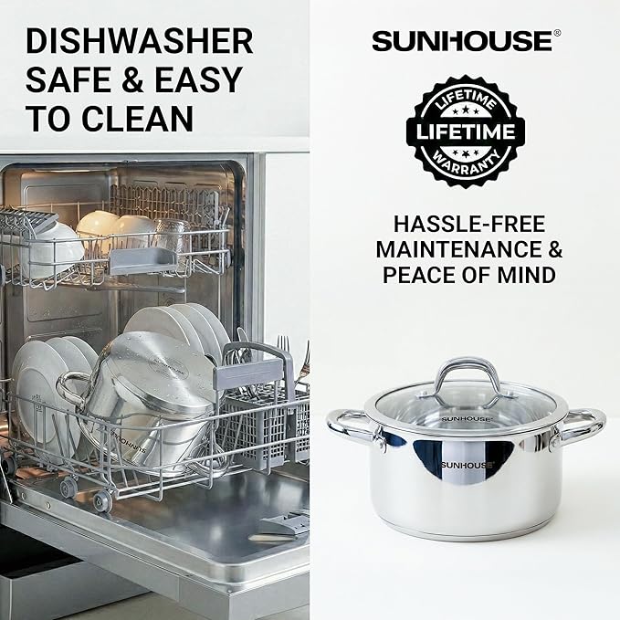 Sunhouse Professional 12-Quart Whole-Clad Multi-Ply Stainless Steel Stock Pot with Lid - Premium 18/10 Whole Body Clad Stock Pot - Induction Ready, Oven Safe Dishwasher Safe Cooking Pot