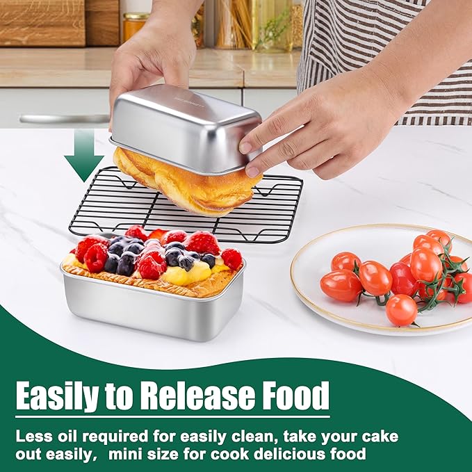 P&P CHEF Mini Loaf Pans Set, 4 PCS Small Bread Loaf Pan for Baking, 6.3 x 3.5 Inch Stainless Steel Baking Pans for Homemade Bread, Meatloaf, Cake and Brownies, Healthy & Non Toxic, Dishwasher Safe