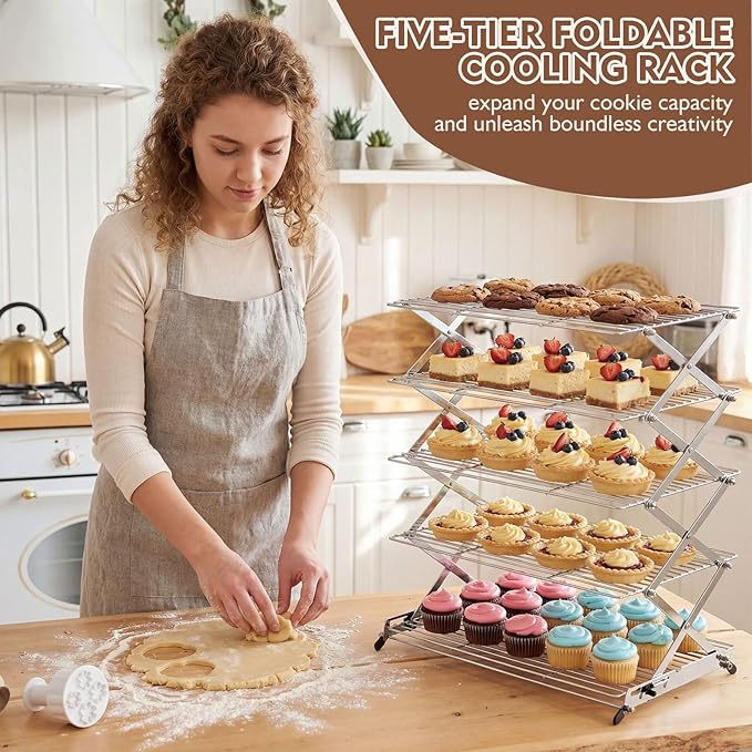Novabright Cooling Rack for Baking, 5-Tier 16" x 10" Collapsible Stackable Food Grade Stainless Steel Wire Rack for Cookies, Cake, Bread, Pizza, Kitchen Countertop Space Saving