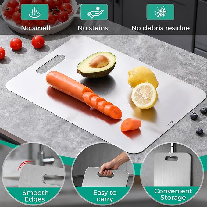 Katuchef Titanium Cutting Board - Upgraded 100% Pure Titanium Cutting Boards for Kitchen Non Toxic, Double-Grade Hygiene Durable Non Moldy Dishwasher Safe Meat Fruit Metal Board (2PC 9x13.5 Inch)