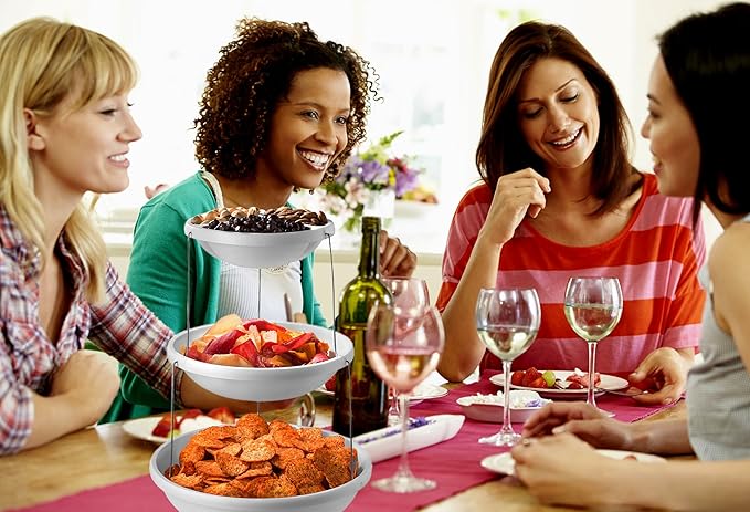 Masirs 3-Tier Collapsible Bowl: Decorative Design Folds for Minimal Storage. Ideal for Serving Snacks, Salad, and Fruit. Top Bowl Divided into Three Sections.