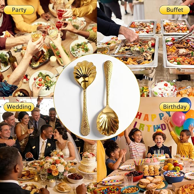 4Pack Serving Spoons 18/10 Stainless Steel Large Serving Spoons Set, Hammered Long Handle Serving Spoons for Buffet, Scalloped Design Serving Utensils for Kitchen Party Buffet Banquet (Gold)