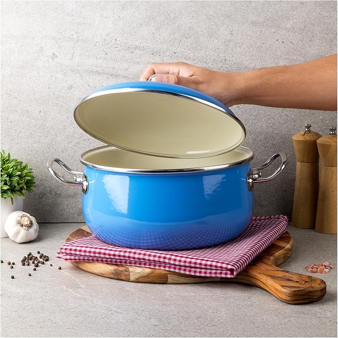 VITA 6-Quart Dutch Oven (Blue) with Lid for All Stove Tops (Enamel on Steel) Dishwasher & Oven Safe up to 500 ℉ - Quick & Even Heat Distribution - Enameled Interior is Non-Reactive & Easy to Clean