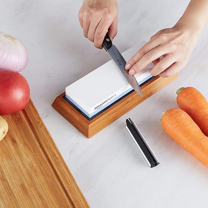 Amazon Basics Whetstone Knife Sharpening Stone, Double-Sided 1000/6000 Grit with Angle Guide, Non-Slip Bamboo Base, Black & Grey