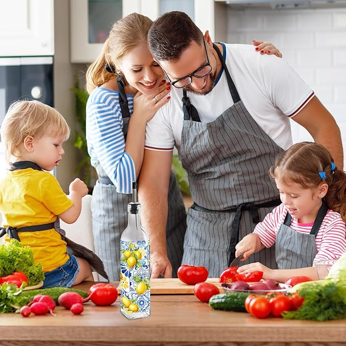JarThenaAMCS Capri Lemon Olive Oil Dispenser Bottle Glass Cruet Bottle with Spout Vintage Lemon Blue Tile Cooking Vinegar Container for Summer Home Kitchen Table Countertop Decor