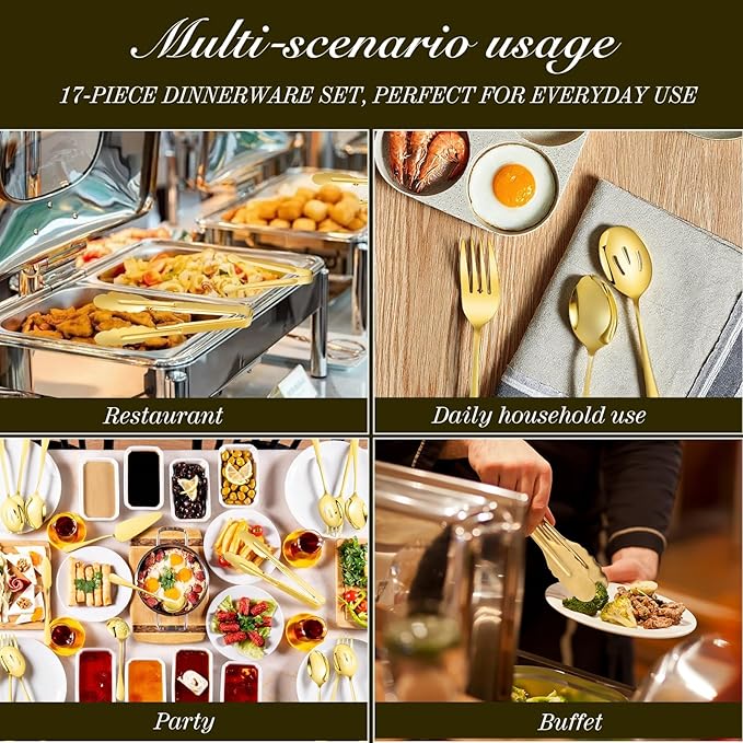 Mwellewm 14Pc Serving Utensils,Gold Stainless Steel Serving Spoons for Buffet,Fork,Tongs,Slotted Spoon,Cake Pie Server,Soup Spoon,Metal Silverware Banquet Cutlery Set for Parties Entertaining Catering