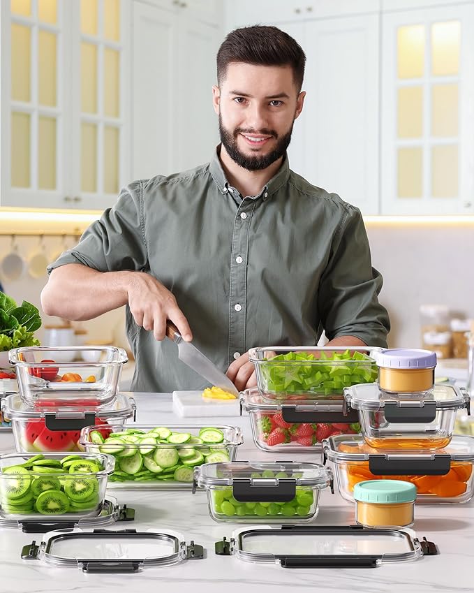 40 PCS Glass Food Storage Containers with Lids(20 Container & 20 Lid), Borosilicate Glass Meal Prep Containers for Kitchen Storage and Organization, BPA-Free, Leak Proof, Reusable