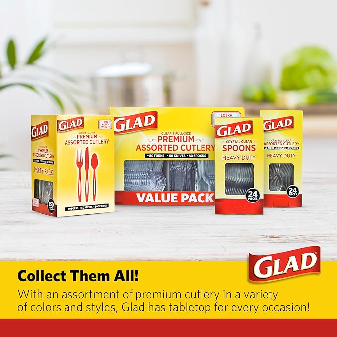 Glad Heavy Duty Full Size Assorted Plastic Cutlery Set | Red Extra Heavy Duty Forks, Knives, and Spoons | Set of Disposable Party Utensils, Heavy Duty and Sturdy Cutlery (Pack of 3, 48 Count)
