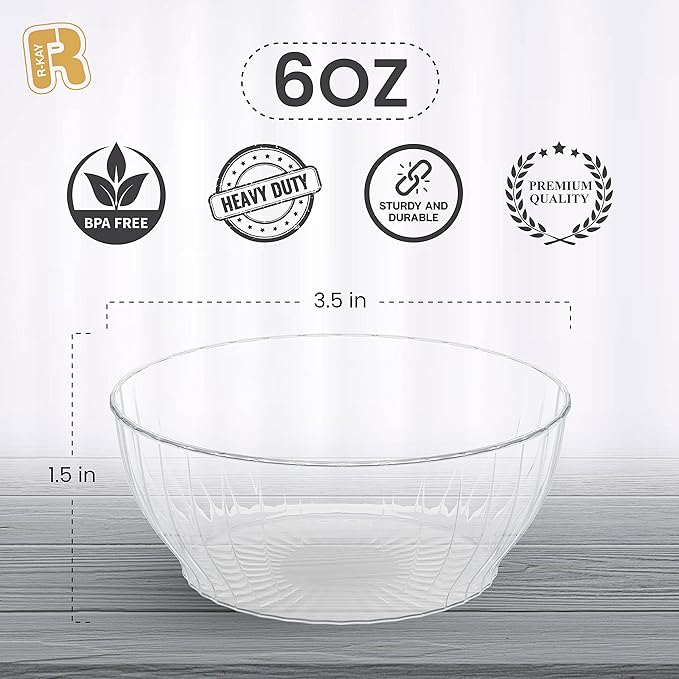 R-kay 6 Oz Clear Plastic Bowls - 100 Pack disposable bowls - Premium Hard Small Plastic Bowls - Heavy Duty Ice Cream Bowls Disposable Dessert Bowls And Salsa Bowls For Party (6 OZ, 100, Count)