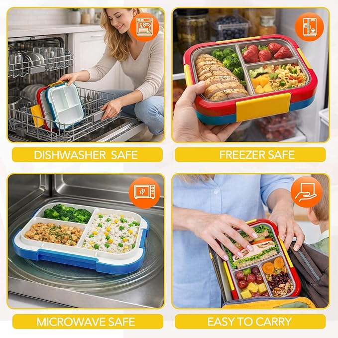 EASYFUN Bento Box Adult, Lunch Box, 4-Compartment Lunch Containers, Drop-Proof, Dishwasher Safe & Made with BPA-Free Materials (Red blue)
