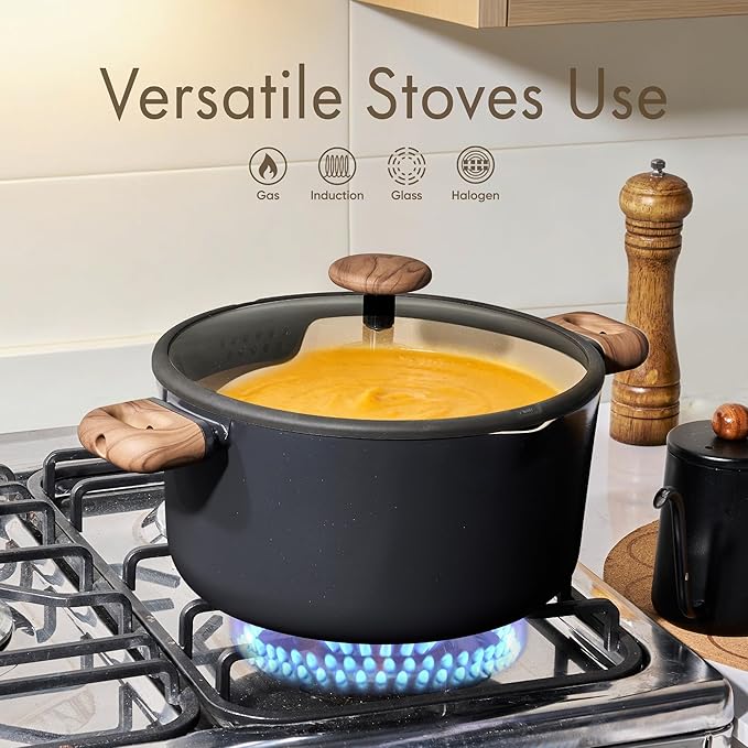 CAROTE Stock Pot with Lid, 7Quart Ceramic Soup Pot Non Toxic, Nonstick Cooking Pot for Pasta, Induction Ready, Even Heating, Dishwasher Safe, Black