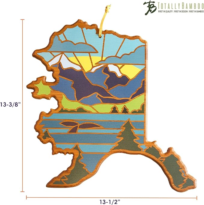 Totally Bamboo Alaska State Shaped Cutting Board and Charcuterie Serving Platter with Artwork by Summer Stokes, Includes Hang Tie for Wall Display