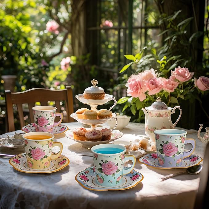 Umigy 60 Sets Spring Tea Party Decorations 6.5 oz Floral Paper Teacups & Saucer Set for Girls Women Afternoon Tea Parties Mothers Day Bridal Shower Wedding Birthday Party Decorations(Gradient Color)