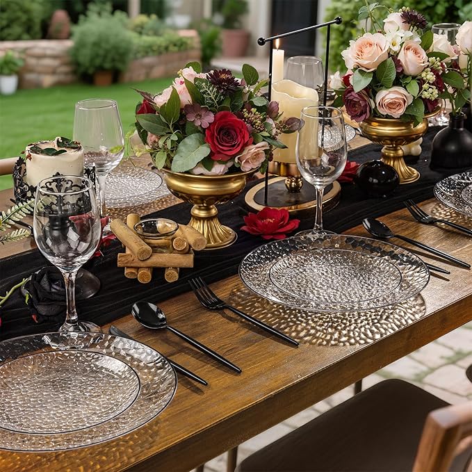 Rubtlamp 60Pcs Black Plastic Plates, Black Heavy Duty Graduation Plastic Plates, Clear Disposable Party Plates, Hammered Fancy Plates Include 30 Dinner Plates, 30 Salad Plates For Graduation Party