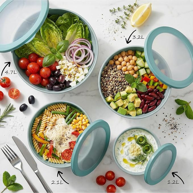 BoxedHome Mixing Bowls with Lids - 8 Piece Plastic Nesting Bowls Set includes 4 Prep Bowls and 4 Lids, Microwave and Dishwasher Safe, Green