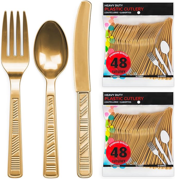 DecorRack Plastic Cutlery Set, Gold Colored Plastic Silverware Sets for Parties, 96 Piece Bulk Heavy Duty Utensils (Gold, 96 Pieces)
