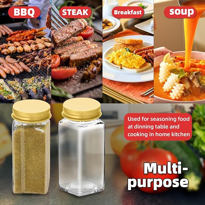 2Pcs 4oz Glass Spice Jars with Shaker Lids, Spice Jars Trial Set & Supplement Set, Empty Spice Containers and Square Spice Bottles for Kitchen (Gold iron Lids)