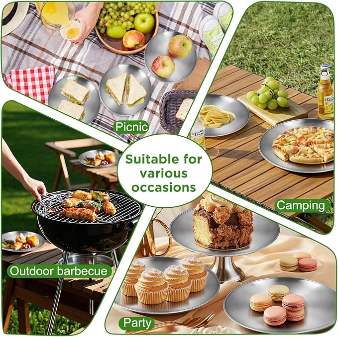 Stainless Steel Plates,10 inch Round Metal Food Serving Plate, Dinner Plates for Outdoor Camping Hiking, Party Serving, Feeding,Non Toxic & Reusable, Dishwasher Safe