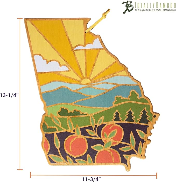 Totally Bamboo Georgia State Shaped Cutting Board and Charcuterie Serving Platter with Artwork by Summer Stokes, Includes Hang Tie for Wall Display 11-3/4" x 13-1/4" x 5/8"