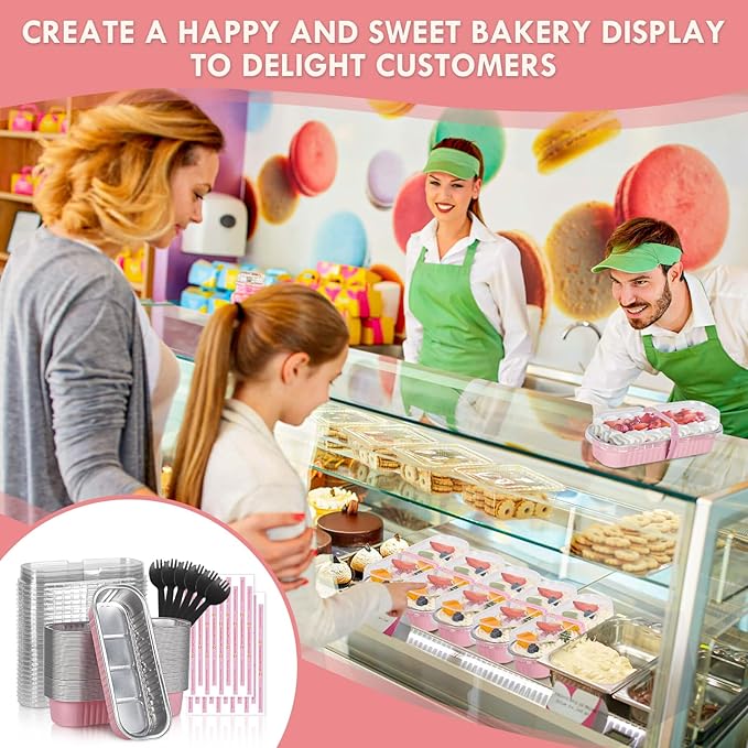 25 Pack Mini Loaf Pans with Lids and Spoons Sealing Sticker, 6.8oz Mini Cake Pans for Baking, Disposable Aluminum Foil Loaf Pans, Pink Loaf Baking Pans, Small Cake Containers With Lids