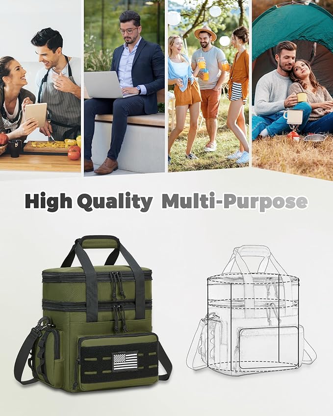 Tactical Lunch Bag & Lunch Box for Men - Large Double Deck Expandable Insulated Soft Adult Lunchbox for Work - Cooler Bag for Beach, Picnic, Camping,Outdoor,Travel (Green,16L)