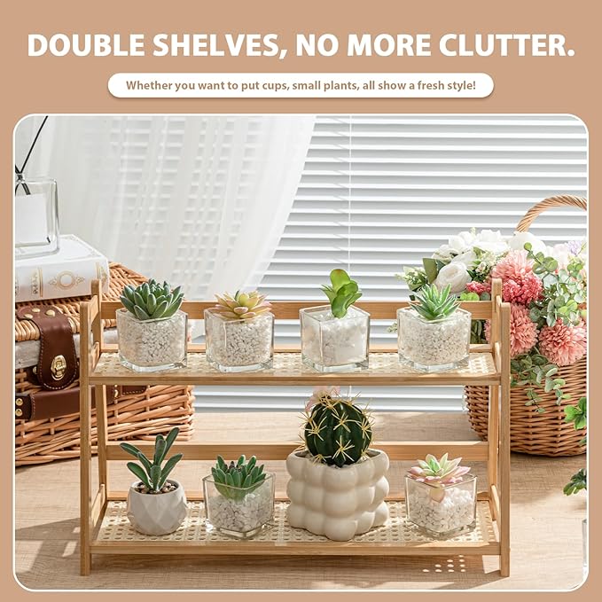 1 Pcs 2 Tier Matcha Station Shelf Bamboo Coffee Mug Stand Countertop Storage Rack, Double Layer Rattan Office Cup, Kitchen, Tea, Plant, Bar Accessories Condiment Display (Wood,17.7 Inch)