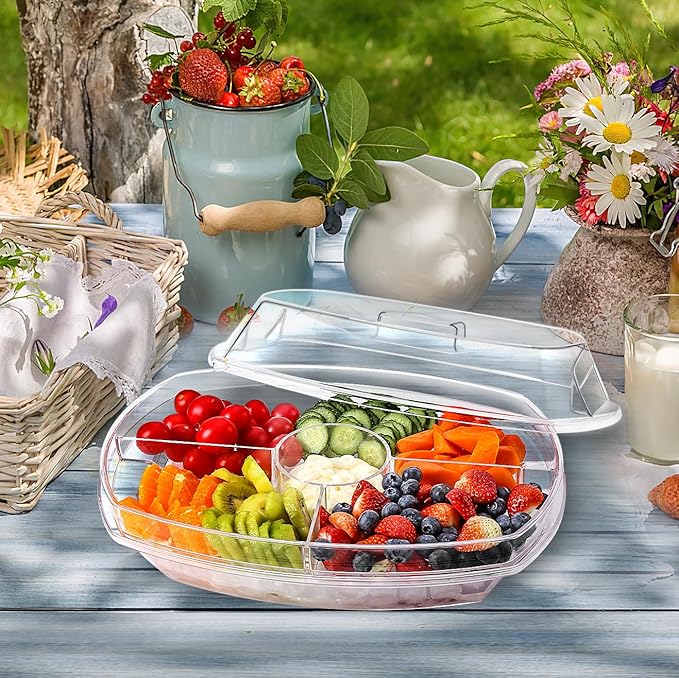 IVYHOME Fruit Ice Serving Tray, Chilled Veggie Tray, Shrimp Cocktail Serving Dish, Appetizer Serving Platter for Parties, with Lid and 4 Compartments