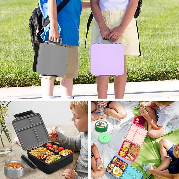 Bento Lunch Box Kids with 8oz Soup Thermo, Leak-Proof Lunch Containers with 4 Compartment, Thermo Hot Food Jar and Insulated Lunch Box for School Black